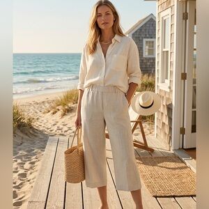 Liz Claiborne Linen Blend Crop Capri Pants - Oatmeal Beige-Elastic Waist-Size M